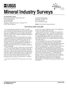 Mineral Industry Surveys For information, contact: James P. Searls, Potash Commodity Specialist U.S. Geological Survey 983 National Center Reston, VA 20192