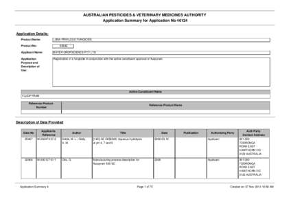 AUSTRALIAN PESTICIDES & VETERINARY MEDICINES AUTHORITY Application Summary for Application No[removed]Application Details: Product Name: