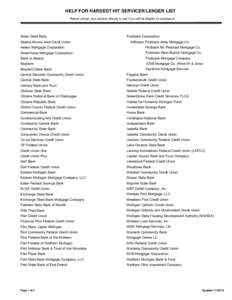 HELP FOR HARDEST HIT SERVICER/LENDER LIST Please contact your servicer directly to see if you will be eligible for assistance Alden State Bank Alpena Alcona Area Credit Union