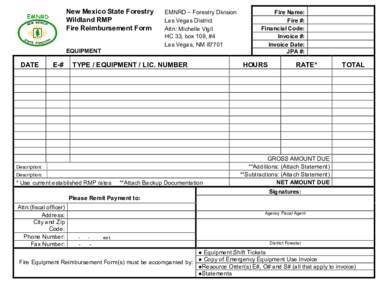 New Mexico State Forestry  Wildland RMP  Fire Reimbursement Form  EMNRD – Forestry Division  Las Vegas District 