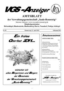 VGS-Anzeiger AMTSBLATT der Verwaltungsgemeinschaft „Saale-Rennsteig“ Internet Adresse: www.vg-saale-rennsteig.de Mitgliedsgemeinden: