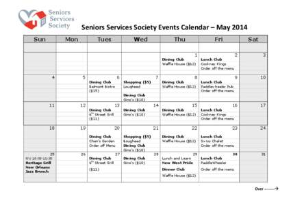 Seniors Services Society Events Calendar – May 2014 Sun