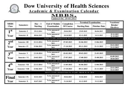 Dow University of Health Sciences Academic & Examination Calendar MBBS, Updated On: [removed]MBBS Class
