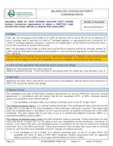 BELGIAN CIVIL AVIATION AUTHORITY EUROPEAN UNION Information leaflet for VALID NATIONAL BALLOON PILOT LICENSE holders. Conversion requirements to obtain a PART -FCL Light Aircraft Pilot License LAPL(B), or a Balloon Pilot