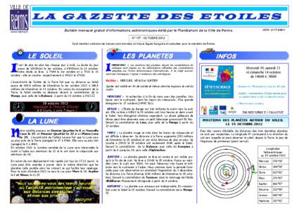 L A G A Z E T T E D E S E T O IL E S www.reims.fr Bulletin mensuel gratuit d’informations astronomiques édité par le Planétarium de la Ville de Reims.  ISSN 2117-699X