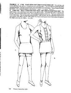 FIGURE 47. A. cBLACK WOOL KNIT ONE-PIECEBATHINGSUIT. The tank top, cut in-one with the trunks opens on the left shoulder with one button. The short skirt is topstitched at the dropped waistline. The hem is edged w