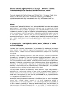 Worker interest representation in Europe – Towards a better understanding of the pieces of a still unfinished jigsaw Romuald Jagodzinski, Norbert Kluge and Michael Stollt - European Trade Union Institute for Research, 