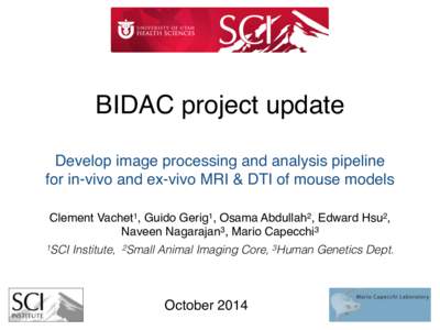 BIDAC project update Develop image processing and analysis pipeline for in-vivo and ex-vivo MRI & DTI of mouse models Clement Vachet1, Guido Gerig1, Osama Abdullah2, Edward Hsu2, ! Naveen Nagarajan3, Mario Capecchi3! 1SC