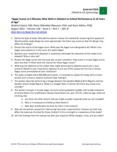 Journal Club Obstetrics & Gynecology 1  “Apgar Scores at 5 Minutes After Birth in Relation to School Performance at 16 Years