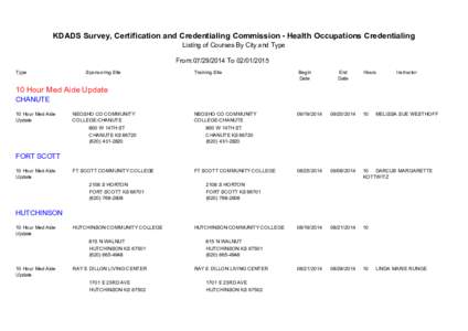 KDADS Survey, Certification and Credentialing Commission - Health Occupations Credentialing Listing of Courses By City and Type From:[removed]To[removed]Type  Sponsoring Site