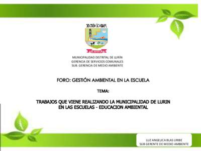 MUNICIPALIDAD DISTRITAL DE LURÍN GERENCIA DE SERVICIOS COMUNALES SUB. GERENCIA DE MEDIO AMBIENTE LUZ ANGELICA BLAS URIBE SUB GERENTE DE MEDIO AMBIENTE