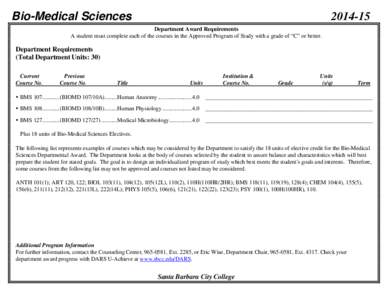 Bio-Medical Sciences[removed]Department Award Requirements A student must complete each of the courses in the Approved Program of Study with a grade of “C” or better.