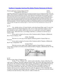 Southern Campaign American Revolution Pension Statements & Rosters Pension application of Samuel Hunt S25168 Transcribed by Will Graves f22VA[removed]