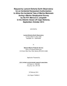 IHA Application from Lamont-Doherty Earth Observatory for Marine Geophysical Survey in the Atlantic Ocean off Cape Hatteras, NC, Sep-Oct 2014