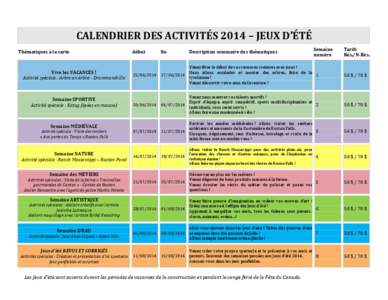 CALENDRIER DES ACTIVITÉS 2014 – JEUX D’ÉTÉ Thématiques à la carte Vive les VACANCES ! Activité spéciale : Arbre en Arbre - Drummondville