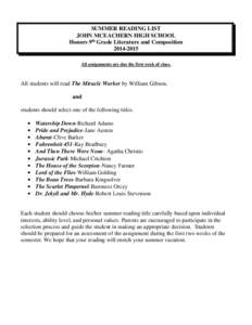 SUMMER READING LIST JOHN MCEACHERN HIGH SCHOOL Honors 9th Grade Literature and Composition[removed]All assignments are due the first week of class.