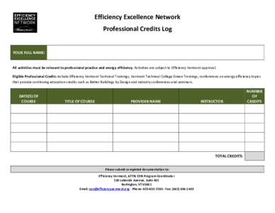 Efficiency Excellence Network Professional Credits Log YOUR FULL NAME: All activities must be relevant to professional practice and energy efficiency. Activities are subject to Efficiency Vermont approval. Eligible Profe