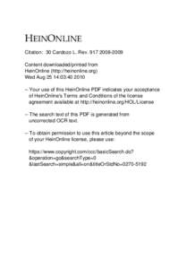 +(,121/,1( Citation: 30 Cardozo L. Rev[removed]Content downloaded/printed from HeinOnline (http://heinonline.org) Wed Aug 25 14:03:[removed]Your use of this HeinOnline PDF indicates your acceptance