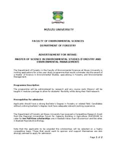 MZUZU UNIVERSITY  FACULTY OF ENVIRONMENTAL SCIENCES DEPARTMENT OF FORESTRY  ADVERTISEMENT FOR INTAKE: