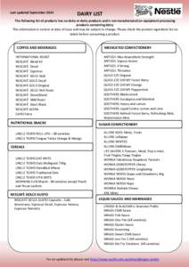 Last updated September[removed]DAIRY LIST The following list of products has no dairy or dairy products and is not manufactured on equipment processing products containing dairy.