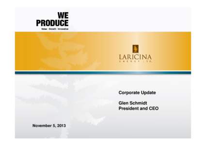 Corporate Update Glen Schmidt President and CEO November 5, 2013