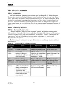 ES.1. EXECUTIVE SUMMARY ES.1.1 Introduction The North American Technology and Industrial Base Organization (NATIBO) undertook this corrosion detection technologies study to assess the industrial base, maturity, level of 