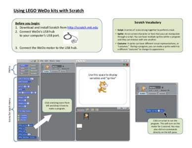 Using	
  LEGO	
  WeDo	
  kits	
  with	
  Scratch	
   Before	
  you	
  begin:	
   1.  Download	
  and	
  install	
  Scratch	
  from	
  h:p://scratch.mit.edu	
   2.  Connect	
  WeDo’s	
  USB	
  hub	