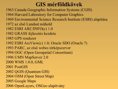 GIS mérföldkövekCanada Geographic Information Systems (CGISHarvard Laboratory for Computer Graphics 1969 Environmental Science Research Institute (ESRI) alapítása 1972 az első Landsat műhold