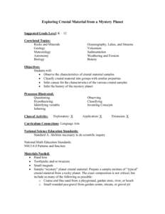 Exploring Crustal Material from a Mystery Planet Suggested Grade Level: K – 12 Correlated Topics: Rocks and Minerals Geology Meteorology