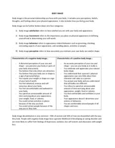 BODY IMAGE Body image is the personal relationship you have with your body. It includes your perceptions, beliefs, thoughts, and feelings about your physical appearance. It also includes how you feel in your body. Body i
