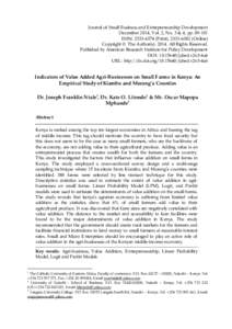 Journal of Small Business and Entrepreneurship Development December 2014, Vol. 2, No. 3 & 4, ppISSN: Print), Online) Copyright © The Author(sAll Rights Reserved. Published by Amer