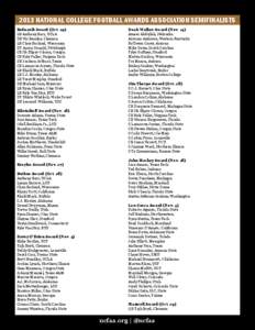 2013 NATIONAL COLLEGE FOOTBALL AWARDS ASSOCIATION SEMIFINALISTS Bednarik Award (Oct. 29) LB Anthony Barr, UCLA DE Vic Beasley, Clemson LB Chris Borland, Wisconsin DT Aaron Donald, Pittsburgh