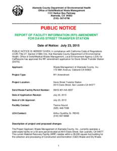 Alameda County Department of Environmental Health Office of Solid/Medical Waste Management 1131 Harbor Bay Parkway Alameda, CA-6790