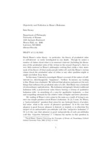 Objectivity and Perfection in Hume’s Hedonism Dale Dorsey Department of Philosophy University of Kansas 1445 Jayhawk Boulevard Wescoe Hall, rm. 3090