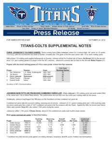 FOR IMMEDIATE RELEASE  OCTOBER 24, 2012 TITANS-COLTS SUPPLEMENTAL NOTES CHRIS JOHNSON’S 110-YARD GAMES: Titans running back Chris Johnson rushed for a season-high 195 yards on 18 carries