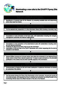 Nominating a new site to the EAAFP Flyway Site Network Local Government/Management Authority, NGO, non-governmental Partner, Governmental Partner •	 Identification of potential sites for the Network, by reviewing avail