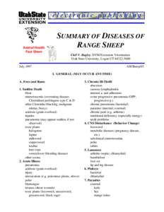Animal Health Fact Sheet SUMMARY OF DISEASES OF RANGE SHEEP Clell V. Bagley, DVM Extension Veterinarian