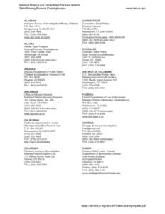 National Missing and Unidentified Persons System State Missing Persons Clearinghouses ALABAMA Alabama Bureau of Investigation/Missing Children P.O. Box 1511