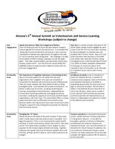 Arizona’s 3rd Annual Summit on Volunteerism and Service-Learning Workshops (subject to change) Civic Engagement  Speaks Out Arizona: Why Civic Engagement Matters