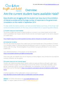 For more information visit www.halalstudentloans.co.uk  Overview: Are the current student loans available Halal? Many Muslims are struggling with the student loan issue due to the prohibition of interest as evidenced by 