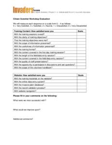 Citizen Scientist Workshop Evaluation We will measure each response on a scale from 0 – 4 as follows: 4 = Very Satisfied, 3 = Satisfied, 2 = Neutral, 1 = Dissatisfied, 0 = Very Dissatisfied Training Content: How satisf