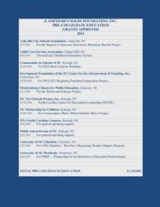 Z. SMITH REYNOLDS FOUNDATION, INC. PRE-COLLEGIATE EDUCATION GRANTS APPROVED 2011 Asheville City Schools Foundation, Asheville, NC $55,000