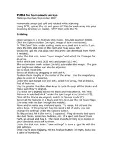 PUMA for homemade arrays Maitreya Dunham September 2007 Homemade arrays get split and rotated while scanning. Using SFTP, upload the red and green tiff files for each array into your incoming directory on loader. SFTP th