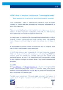 1/2  OB10 wins its seventh consecutive Green Apple Award More recognition for the e-Invoicing network’s environmental credentials London, 20 November – OB10, the global e-Invoicing network that is part of Tungsten Co