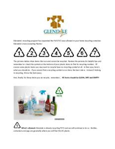 Glendale’s recycling program has expanded the PLASTICS now allowed in your home recycling container. Glendale is now accepting Plastics: The pictures below show items that can and cannot be recycled. Review the picture
