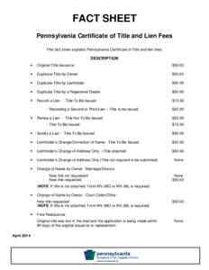 PennDOT Fact Sheet - PA Certificate of Title and Lien Fees