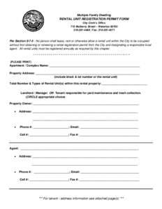 Multiple Family Dwelling  RENTAL UNIT REGISTRATION PERMIT FORM City Clerk’s Office 715 Mulberry Street – WaterlooFax: 