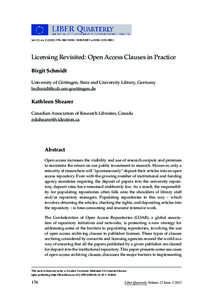 Vol. 22, no[removed]–189 | ISSN: [removed] | e-ISSN: 2213-056X  Licensing Revisited: Open Access Clauses in Practice Birgit Schmidt University of Göttingen, State and University Library, Germany [removed]-