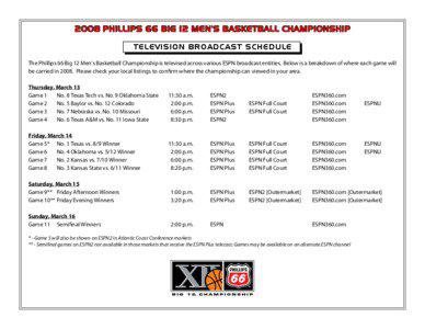 2008 PHILLIPS 66 BIG 12 MEN’S BASKETBALL CHAMPIONSHIP TELEVISION BROADCAST SCHEDULE The Phillips 66 Big 12 Men’s Basketball Championship is televised across various ESPN broadcast entities. Below is a breakdown of where each game will