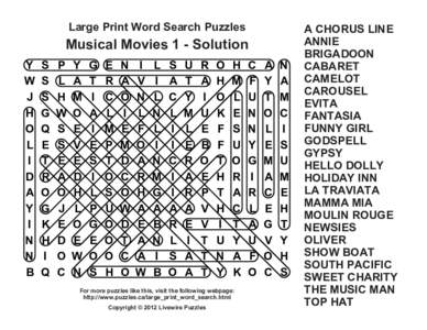 Large Print Word Search Puzzles  Musical Movies 1 - Solution Y W J